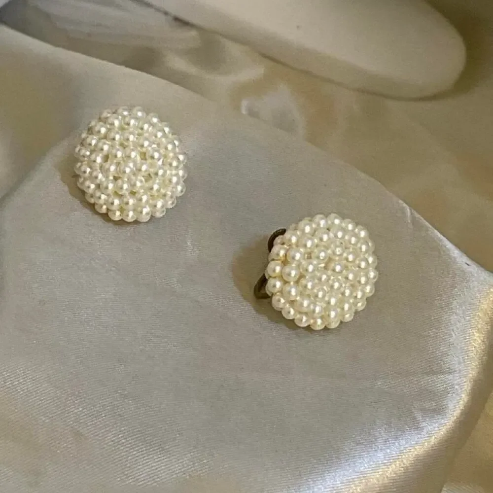 Vintage 1950s Pearl Cluster Earrings Screw Back Mid Century Bridal
